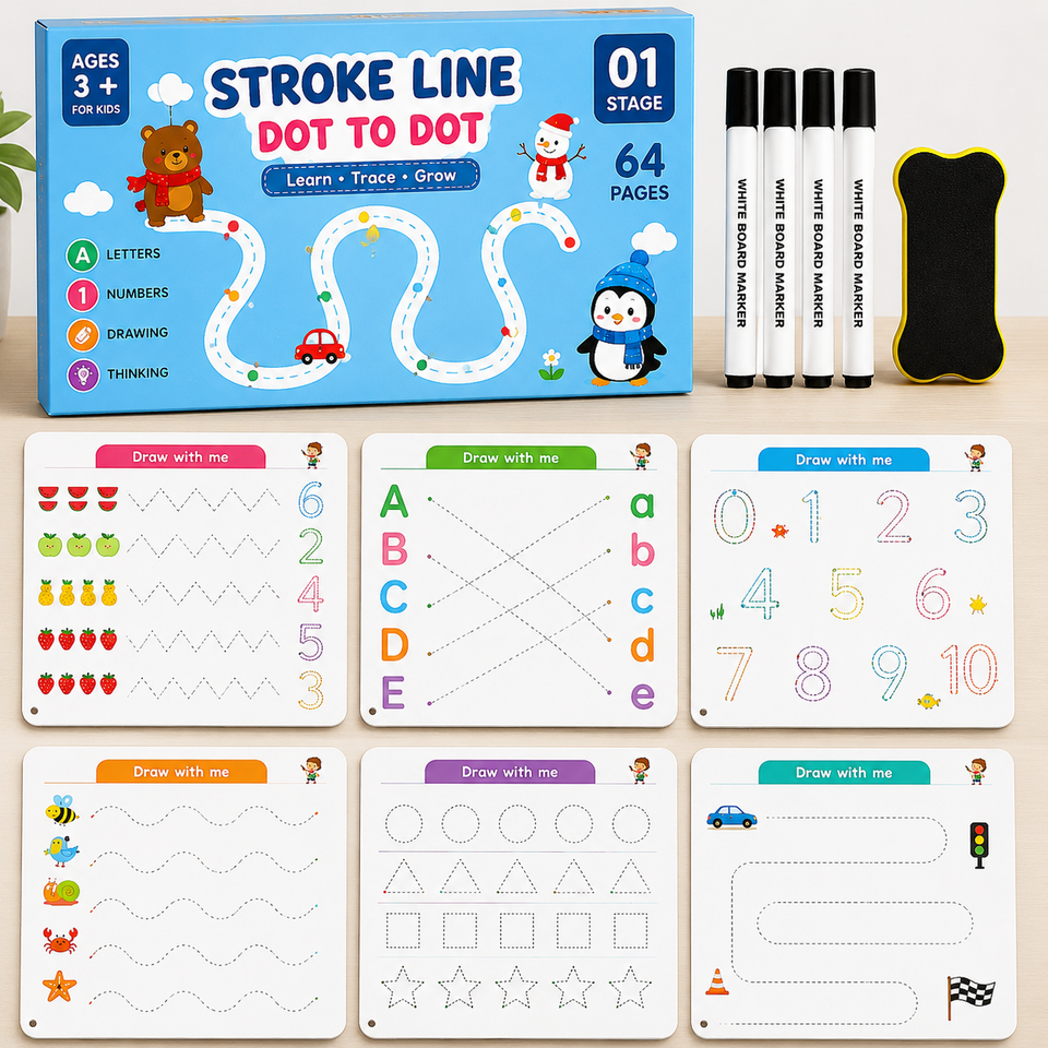 64 Pages Kids Reusable Tracing Book Set with 4 Markers & Eraser