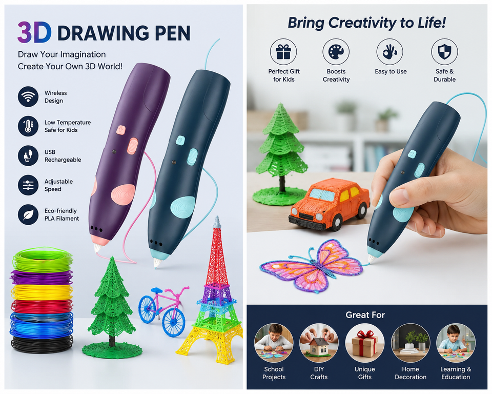 Wireless 3D Drawing Pen for Kids & Adults | USB Rechargeable Creative Printing Pen