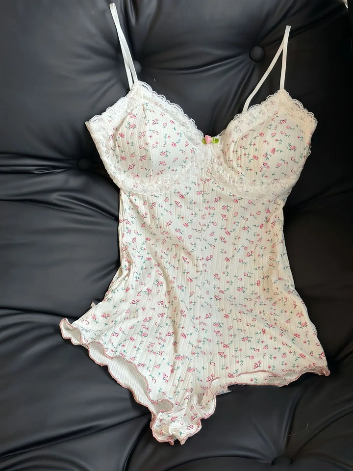 Women Sexy  Floral Print Bodysuit Lace Trim Sleeveless Slim Fit Leotard Summer Jumpsuit Romper Sexy Underwear Nightwear Lingerie
