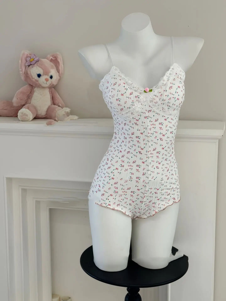 Women Sexy  Floral Print Bodysuit Lace Trim Sleeveless Slim Fit Leotard Summer Jumpsuit Romper Sexy Underwear Nightwear Lingerie