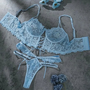 Bra Brief Sets Female Transparent Sexy Romantic Lingerie Black Lace Underwear Flowers Sensual See Through Erotic Sets