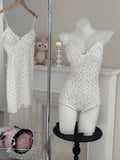 Women Sexy  Floral Print Bodysuit Lace Trim Sleeveless Slim Fit Leotard Summer Jumpsuit Romper Sexy Underwear Nightwear Lingerie